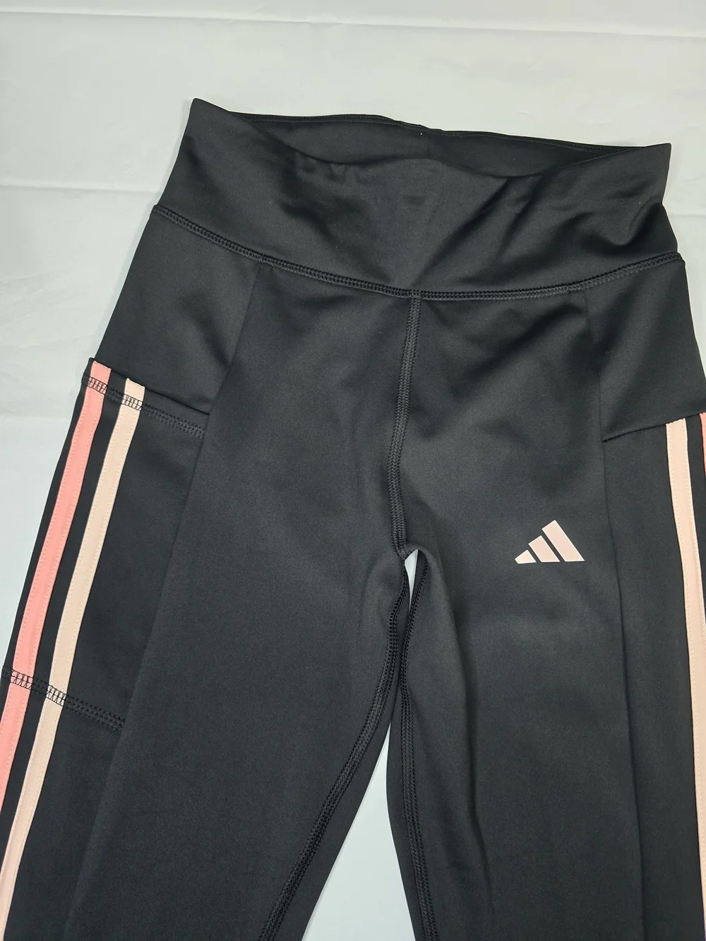 Adidas Big Girls Black High-Waist Leggings with‎ Pink Stripes